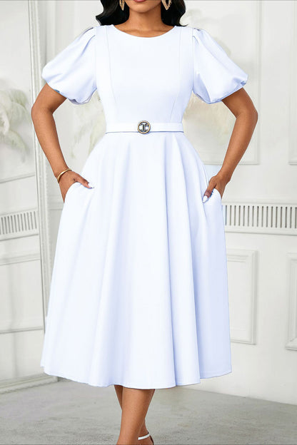 Puff Sleeve High Waist Solid Round Neck Dress