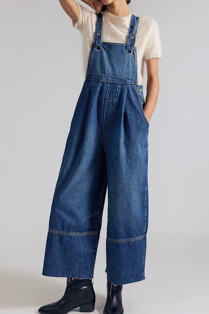 Pleated Wide Leg Denim Overalls