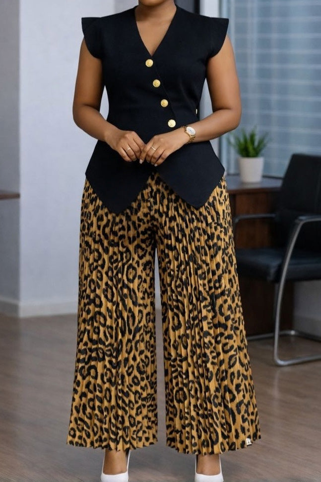 Pleated Wide Leg Pants & Asymmetric Top 2-Piece Set