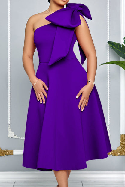 Single Shoulder Bow Detail Flare Midi Dress