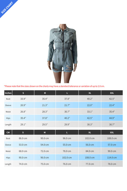 Long Sleeve Stretchy Washed Denim Romper