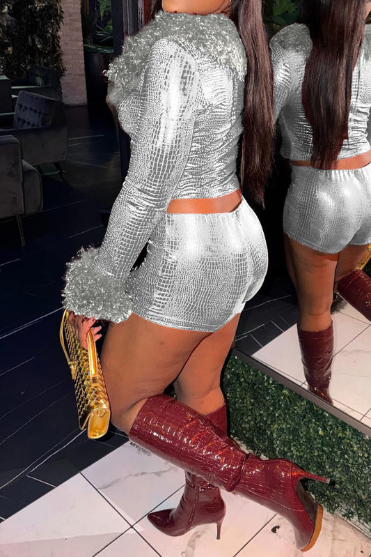 Fur Collar & Cuff Metallic Top and Shorts Set