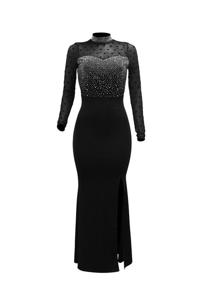 Rhinestone Mesh Sleeve Mermaid Maxi Dress