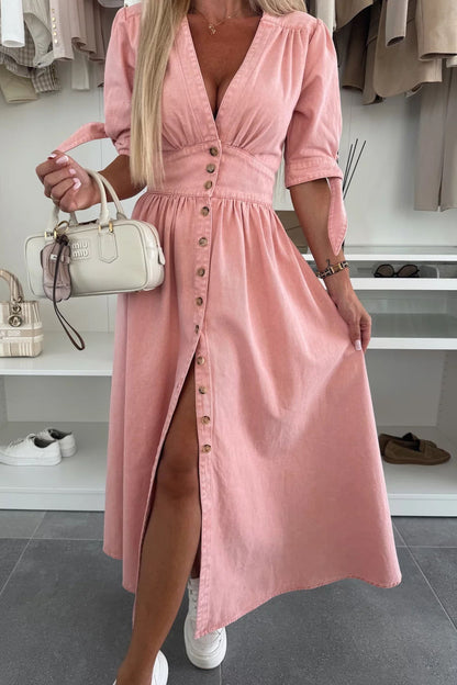 Single-Breasted V-Neck Denim Dress