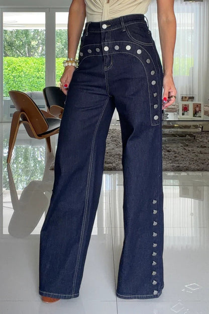 High-Rise Studded Wide-Leg Jeans