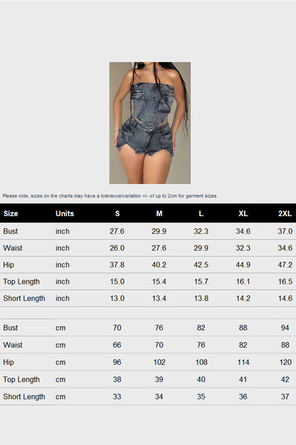 Denim Slit Elastic Shorts Set