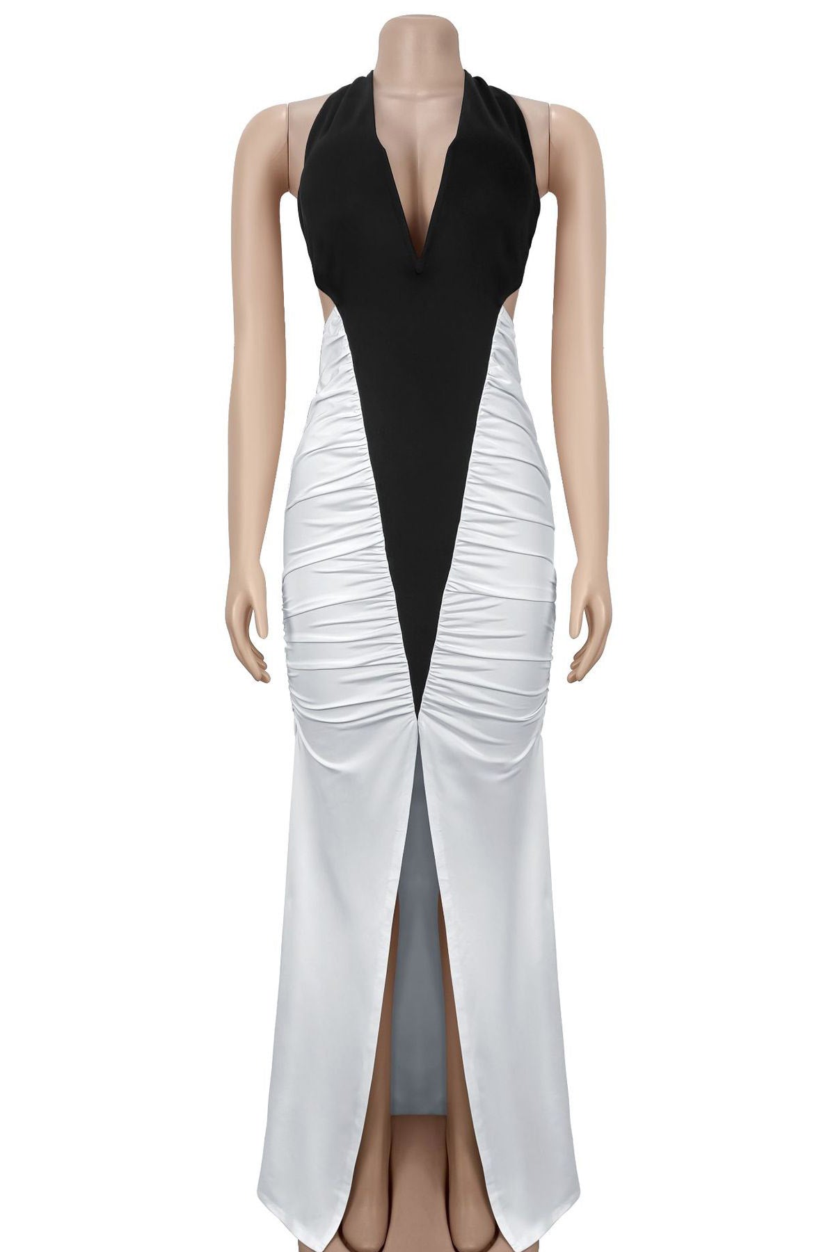 Two Tone Open Back Halter Maxi Dress