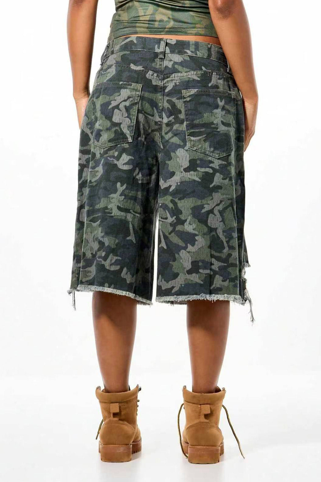 Oversized Grommet Distressed Long Shorts