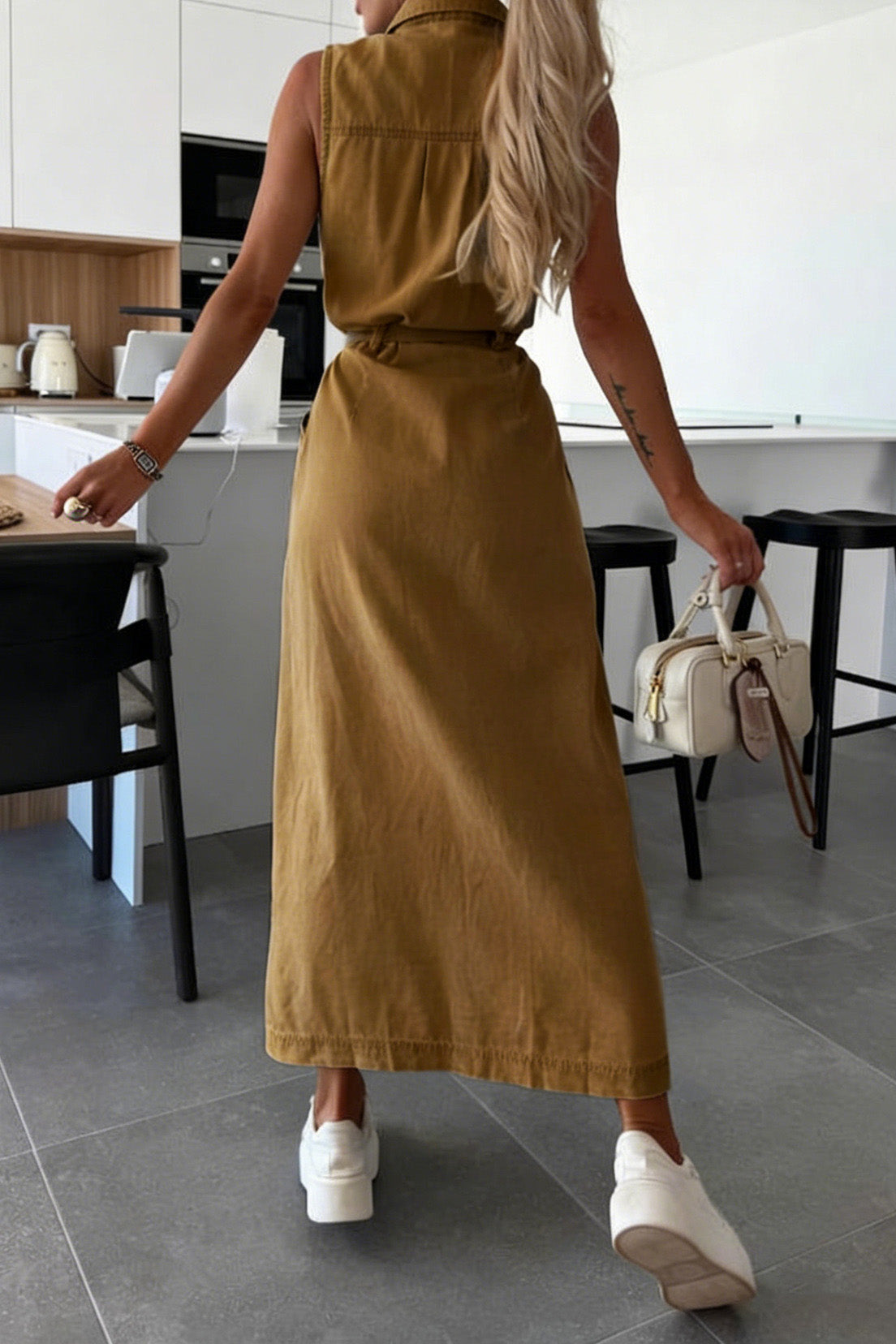 Sleeveless Belted Utility Maxi Shirt Dress