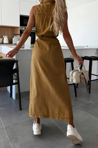 Sleeveless Belted Utility Maxi Shirt Dress