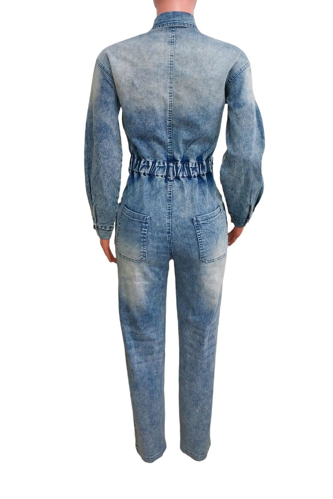 Long Sleeve Button Down Denim Utility Jumpsuit