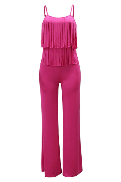 Solid Color Fringe Slim Jumpsuit