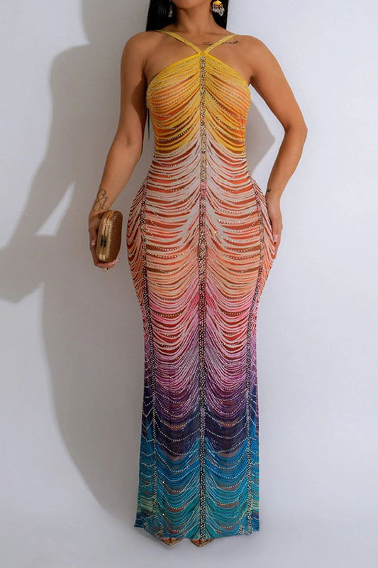 Rainbow Sleeveless Rhinestone Embellished Maxi Dress