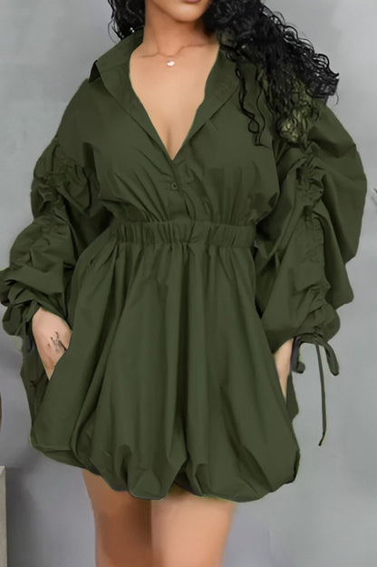 Ruched-Sleeve Button-Front Dress
