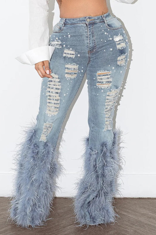 Feather Detail Ripped Denim Jeans