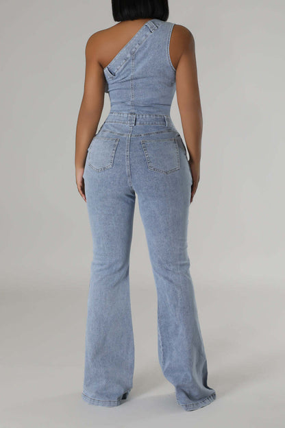 One Shoulder Denim Jumpsuit