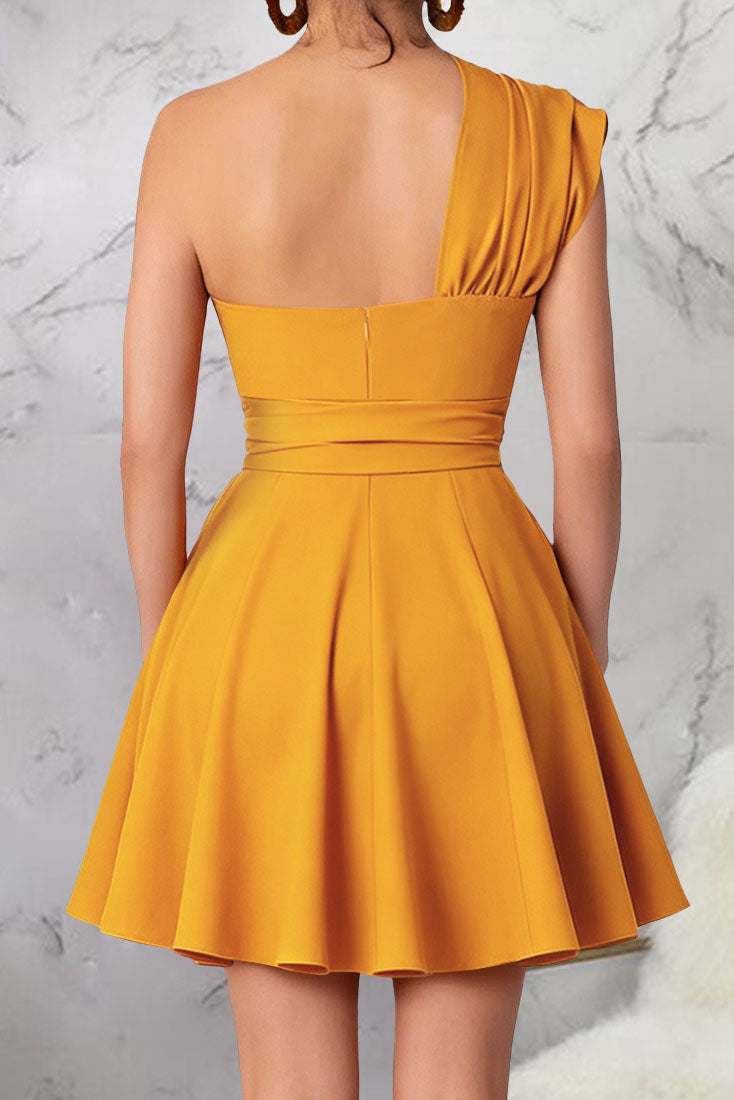 One-Shoulder Tie-Waist Pleated Mini Dress