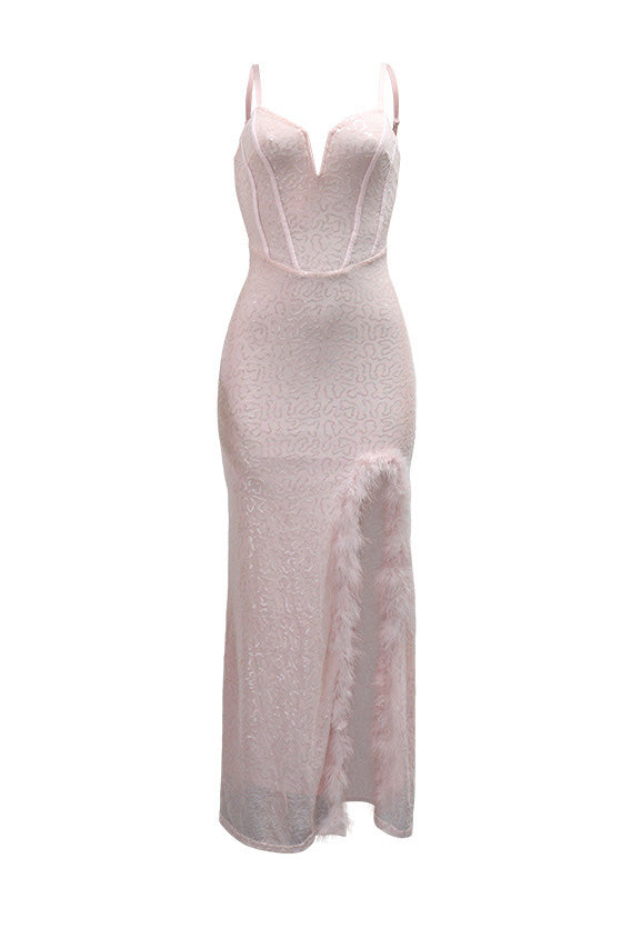 Feather Trim Sequin Gown
