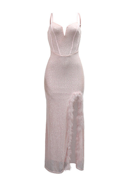 Feather Trim Sequin Gown
