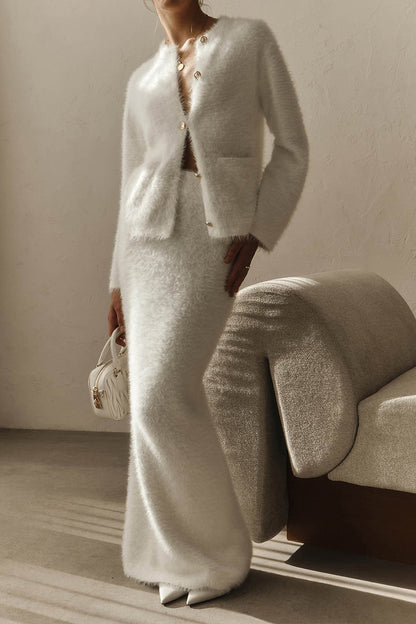 Fuzzy Long Sleeve Button Cardigan and Skirt Set