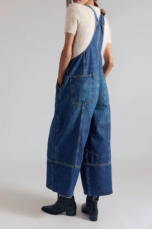 Pleated Wide Leg Denim Overalls