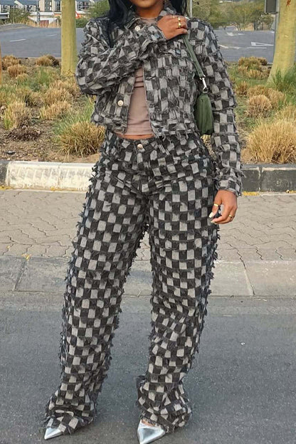 Checkered Denim Jacket & Pants Set