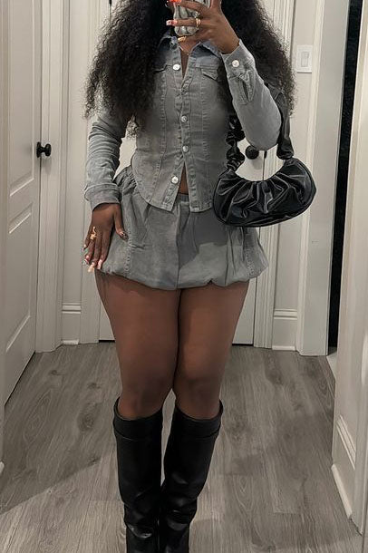 Denim Pleated Mini Skirt Sets
