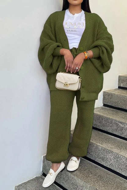 Knit Button-Front Cardigan & Pants Set