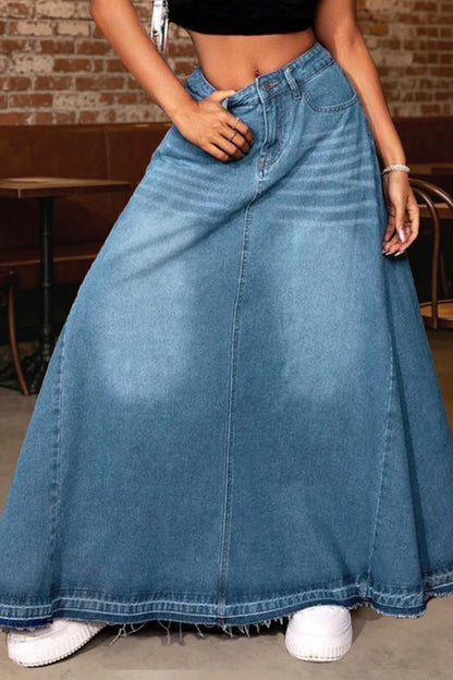 Raw-Hem A-Line Denim Maxi Skirt