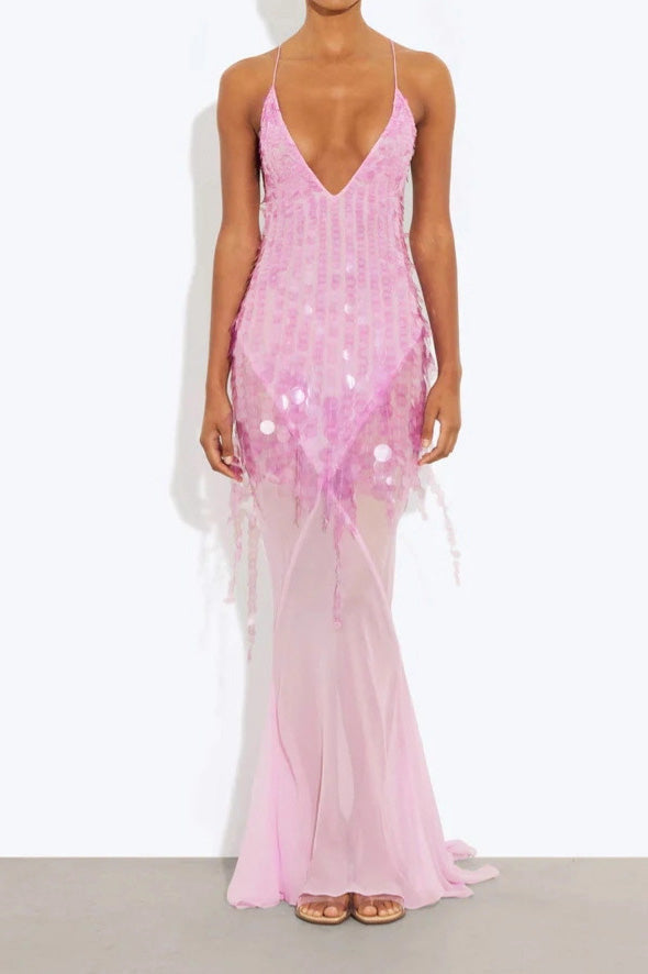 Sequin Backless Drape Tulle Hem Slip Maxi Dress