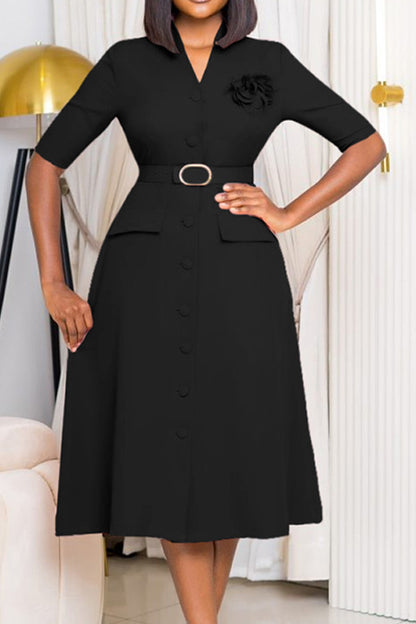 V-Neck Button Front Solid Color Midi Dress