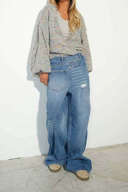 Distressed Patch Pocket Wide Leg Jeans