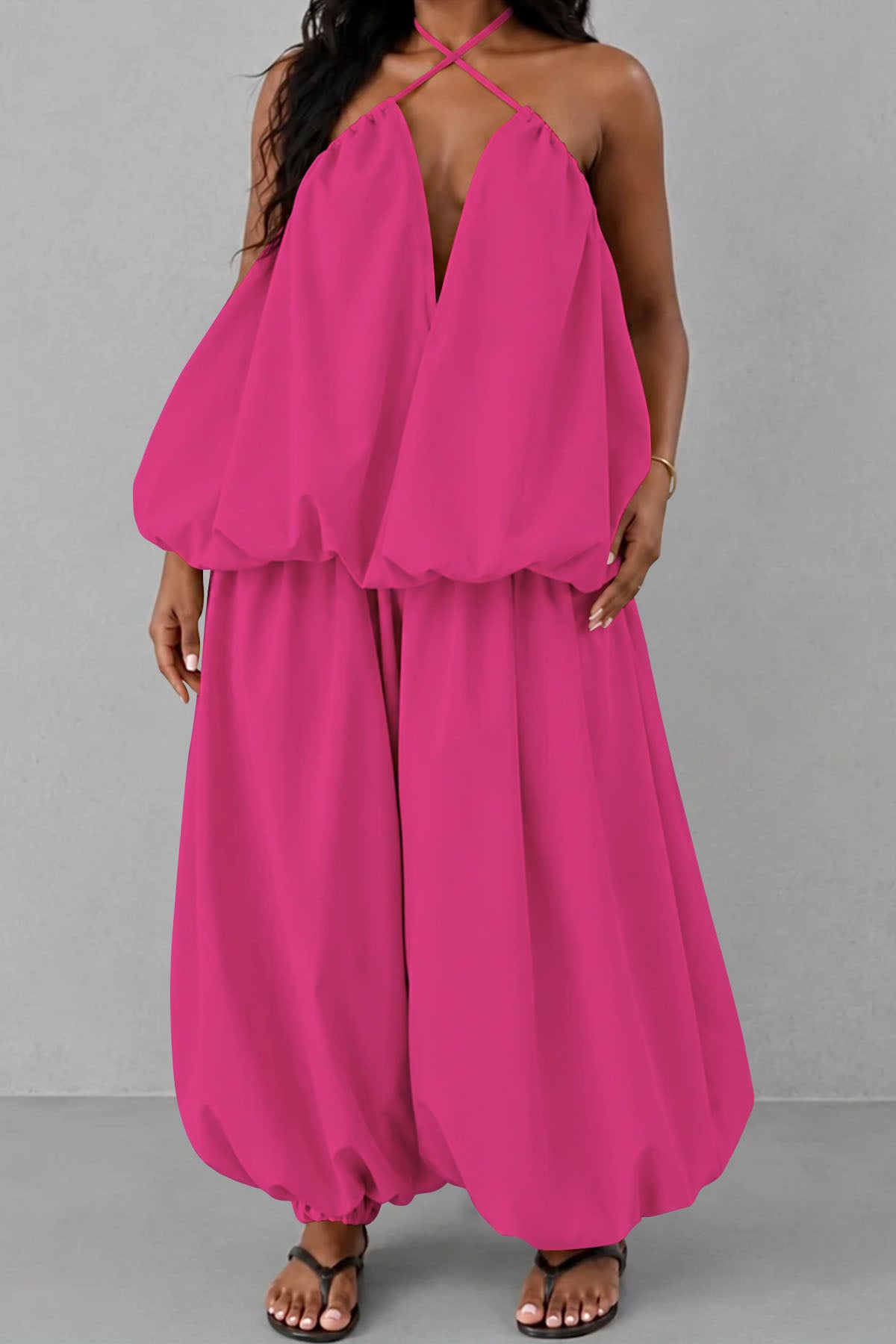 Plus Size Plunging Halter Oversized Top & Harem Pants Set