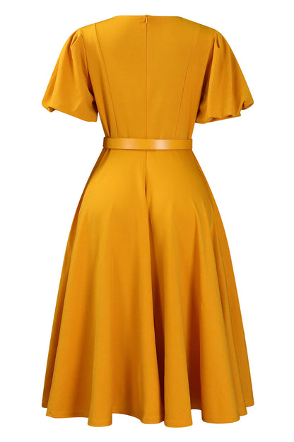 Puff Sleeve High Waist Solid Round Neck Dress