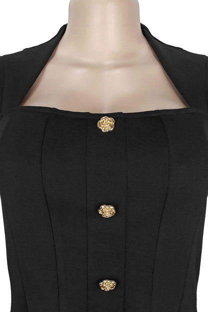 Square Neck Button Front Pleated Mini Dress