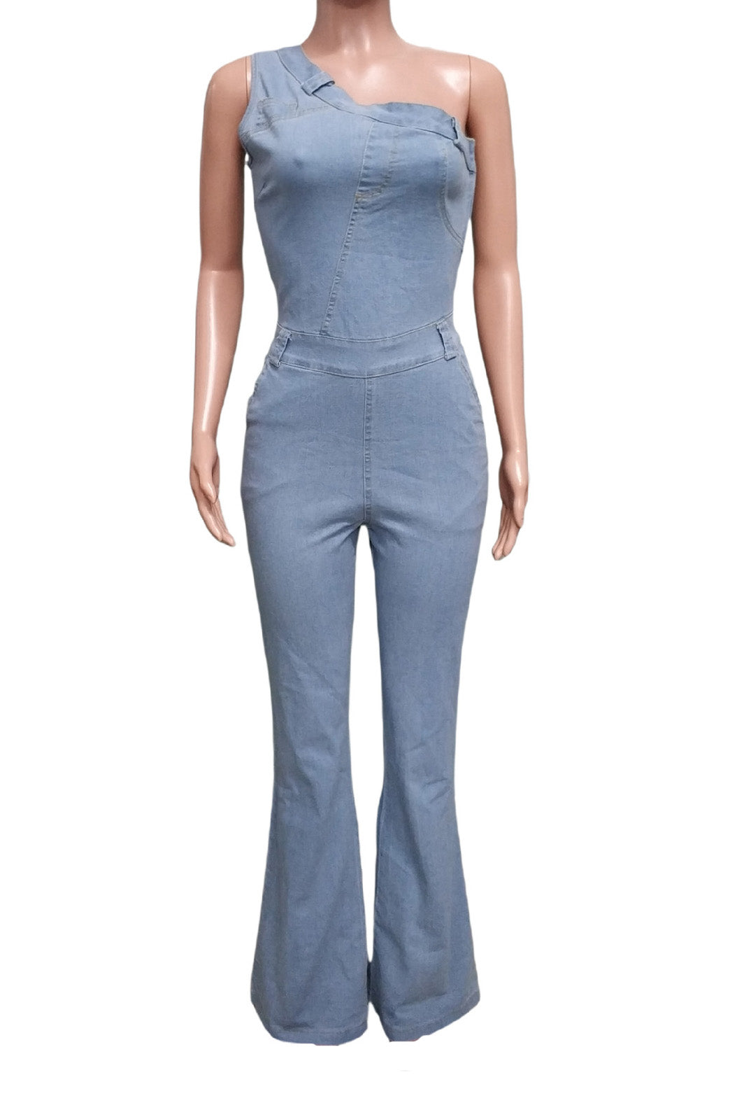 One Shoulder Denim Jumpsuit