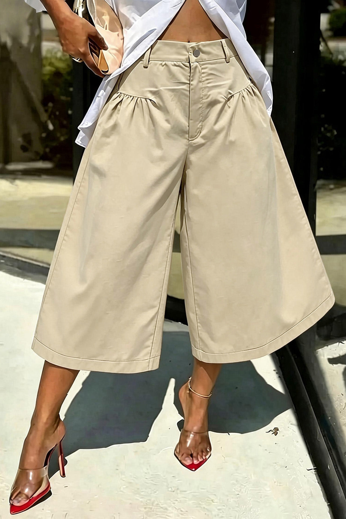 High Waist Gathered Wide Leg Culottes