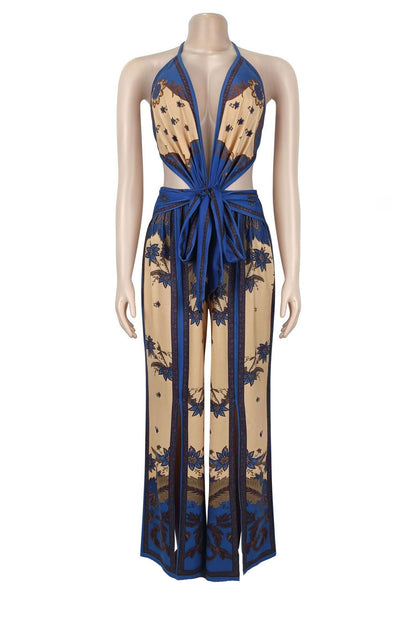 Ornate Print Halter Slit Wide Leg Jumpsuit