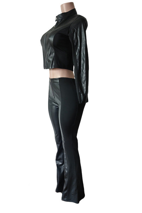PU Leather Long Sleeve Top and Pants Set