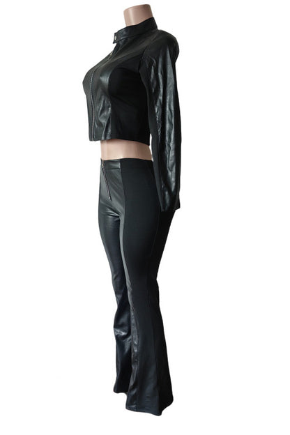PU Leather Long Sleeve Top and Pants Set