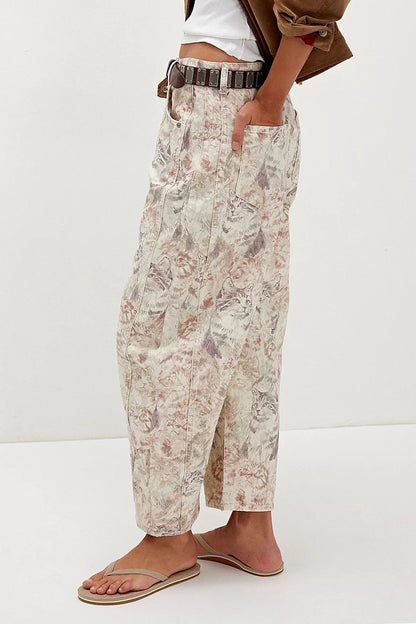 Vintage Cat Print Relaxed Barrel Leg Jeans