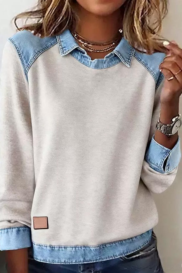 Denim Collar Long Sleeve Knit Pullover Top