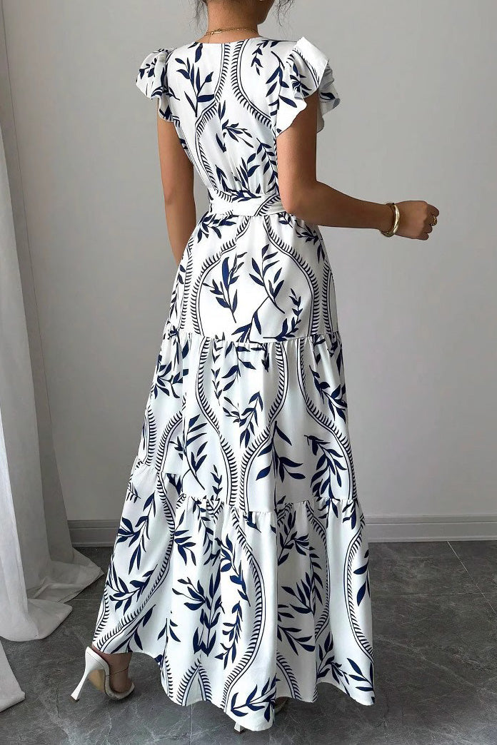Floral Ruffle V-Neck Slim Maxi Dress