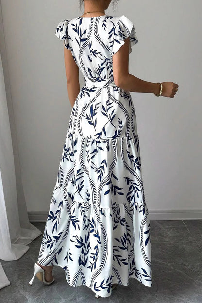 Floral Ruffle V-Neck Slim Maxi Dress