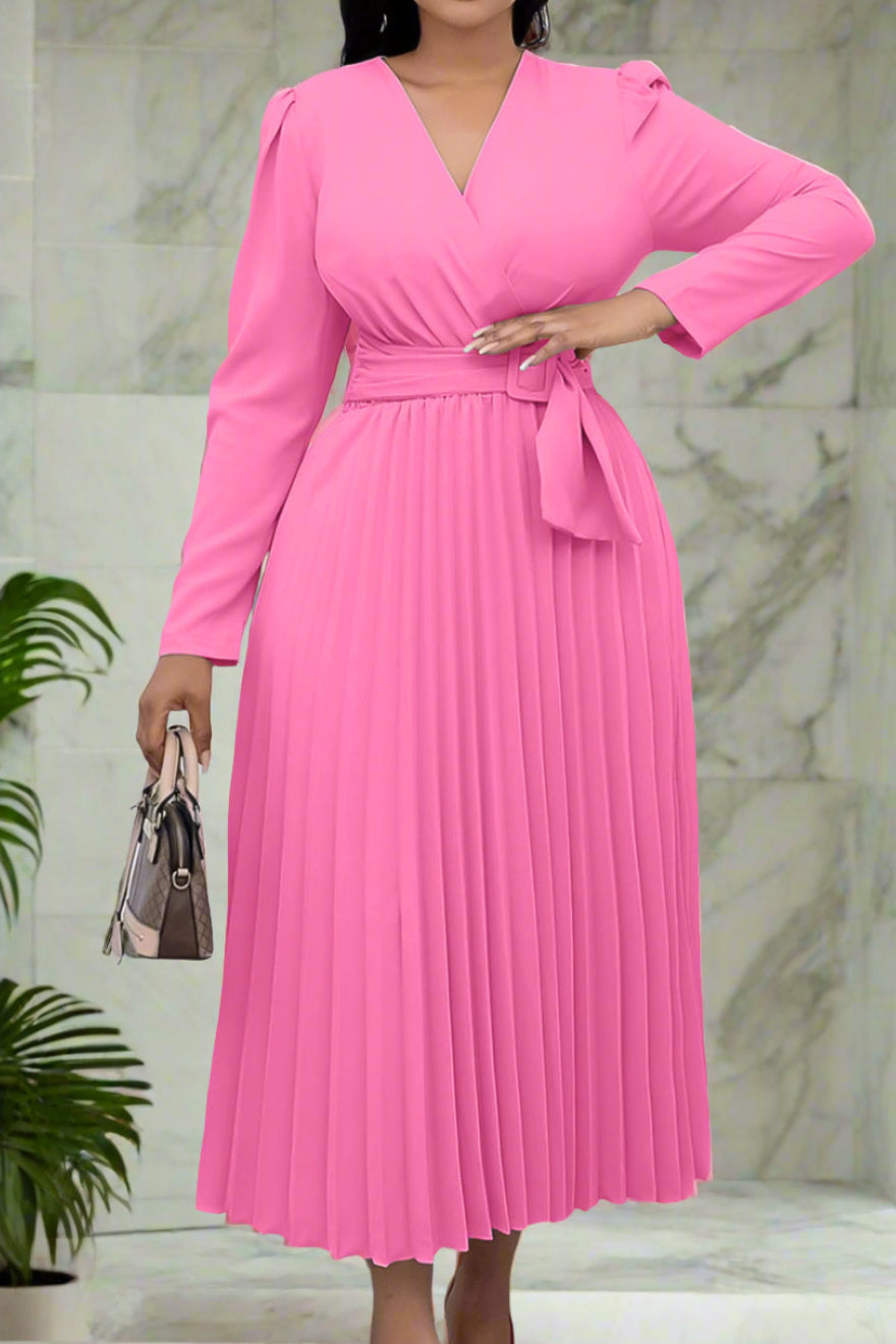 V Neck Long Sleeve Pleated Midi Dress