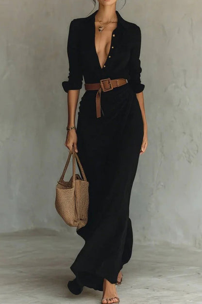 Lapel Buttoned Waist Maxi Dress