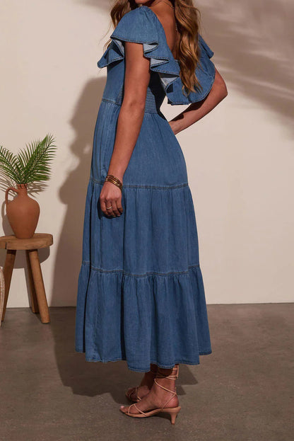 Off Shoulder Ruffle Tiered Denim Dress
