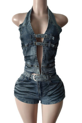 Edgy Studded Denim Halter Set