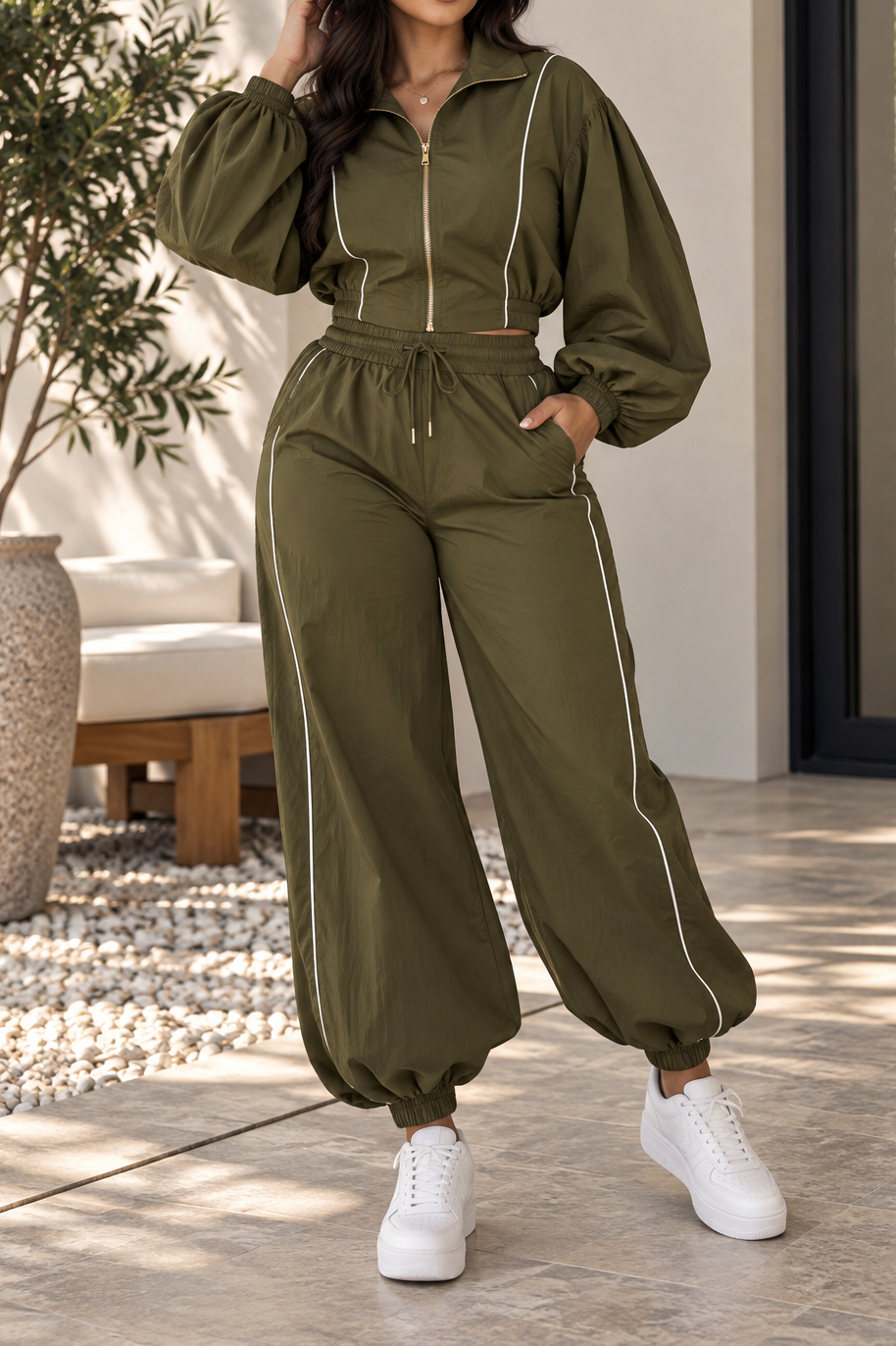 Piped Balloon Sleeve Tracksuit Set