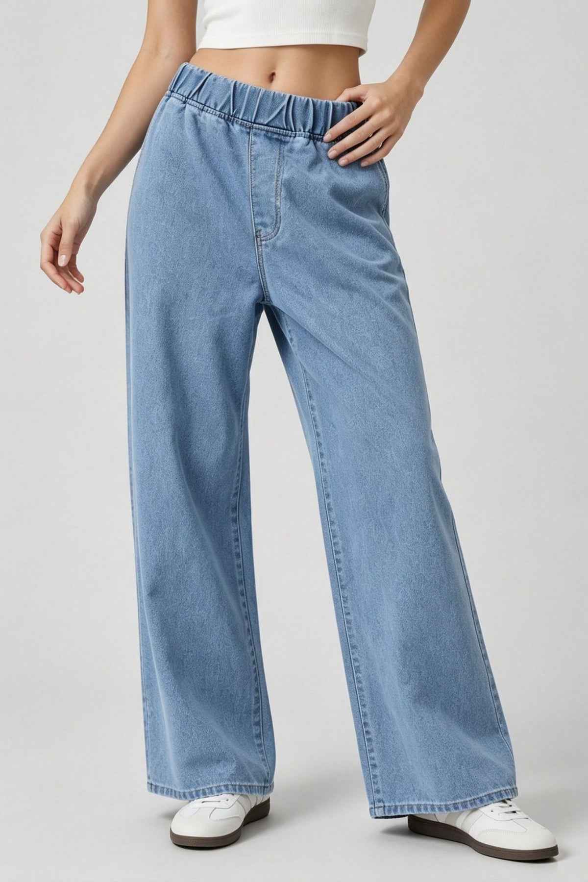 Elastic Waist Non-Stretch Wide Leg Jeans
